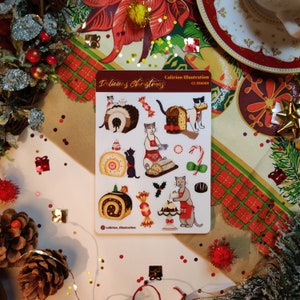Chats pâtissier de Noël - Feuille de stickers/Stickers Sheet A6 de Noël - Brillant - cute illustrations - bullet journal