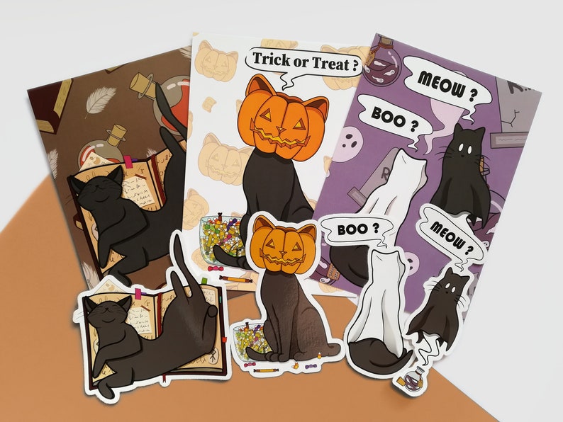 Pack Halloween Chat carte postale / stickers 3. FullPack