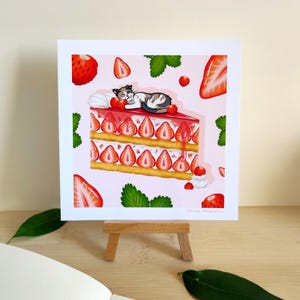 Print Chat et fraisier | Pâtisserie | Impression | Illustration chat | Papeterie | Cadeau parfait pour les amoureux des chats