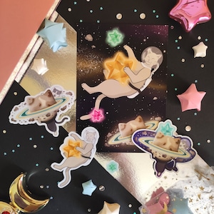 Pack Chats astronautes  |  Carte postale  | Stickers  | Magnet  | Illustration chat | Papeterie | Cadeau parfait pour les amoureux des chats