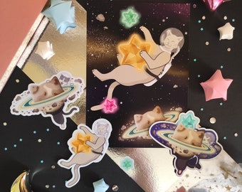 Pack Chats astronautes  |  Carte postale  | Stickers  | Magnet  | Illustration chat | Papeterie | Cadeau parfait pour les amoureux des chats