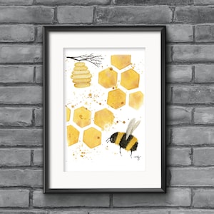 Bumblebee wall decor beehive with bee print, watercolor bee art, honeybee motif painting nursery bee theme, save the bees gift for beekeeper