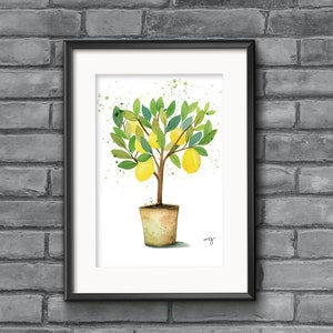 Kleine citroenboom in een pot keukenwanddecor, citroentransplantatie zomerillustratie, Italiaanse citroenkunst wanddecor citrus thema botanische keuken