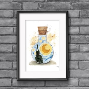 ゴッホ「星月夜」水彩画