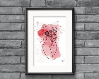 Impresión artística de línea de cuerpo femenino: acuarela abstracta de mujer con flores