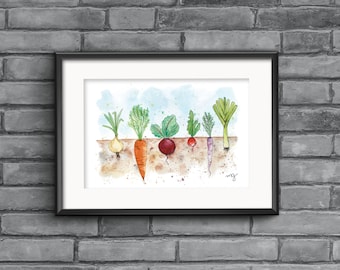 Root vegetable garden poster, kitchen vegetables wall decor, root veggies art print, vegetable harvest wall decor, small kitchen wall print
