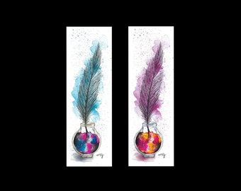 Quill bookmark with galaxy ink, ink and feather bookmark, feather with quill bookmark, feather illustration, feather and quill bookmark