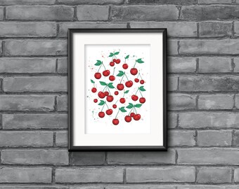 Cherry Watercolor Print: Fruits Kitchen Wall Art