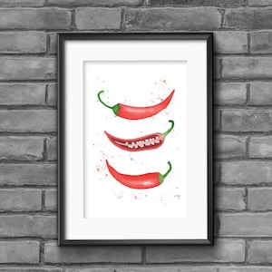 Roter Chili Paprika klein Küche Wanddekor, roter scharfer Chili Paprika Esszimmer Dekor scharfes Essen Geschenk, Küche kleines Poster Food Art