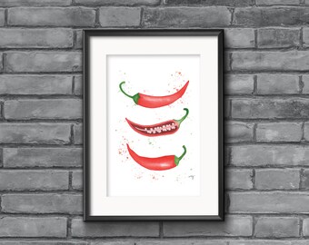 Roter Chili Paprika Aquarell Küche Druck: Spicy Food Art