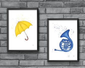 How I met your mother, set of 2 art, french blue horn, yellow umbrella, ted mosby, watercolor yellow umbrella, gift for partner anniversary
