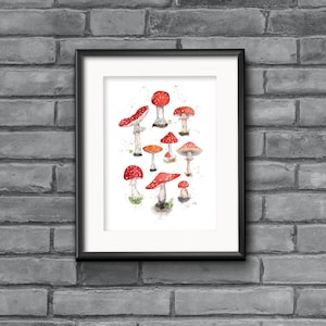 Red Mushrooms Art Print Whimsical Toadstool Illustration, Cottagecore Wall Art, Fairycore  mushrooms Decor, Woodland Fantasy Nature Print