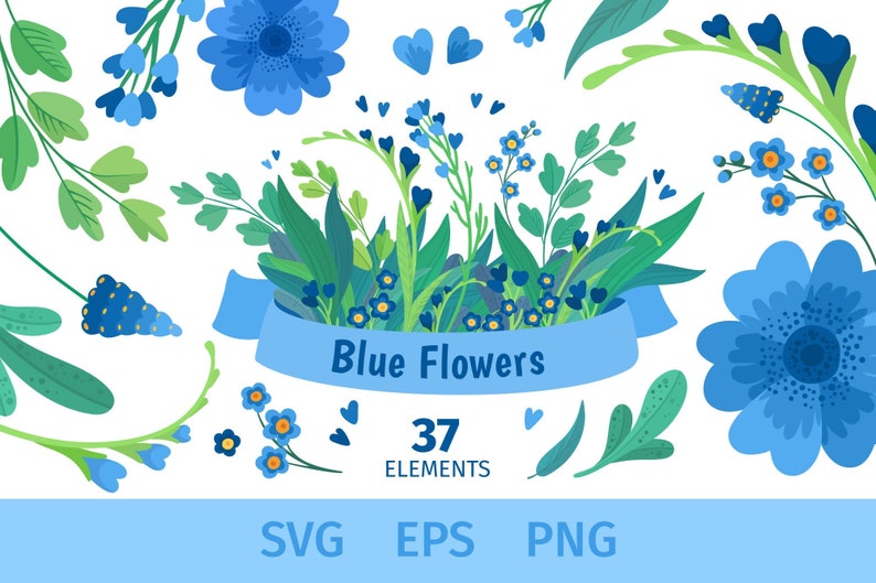 Blue flowers clipart Spring png eps files svg Botanical clipart for Mothers day commercial use license