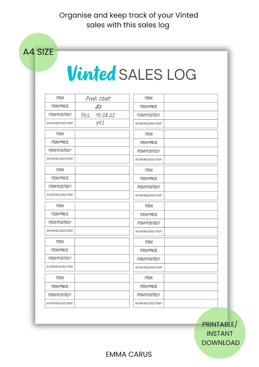 Vinted Tracking Printable Vinted Sales Log, Keep Track of Your Vinted Sales, Instant ...