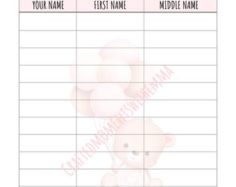 Tabla de predicciones para bebés niñas / Adivina el nombre de tu bebé / Nombres de bebés niñas / Juego para baby shower / Descarga instantánea / Tamaño A4