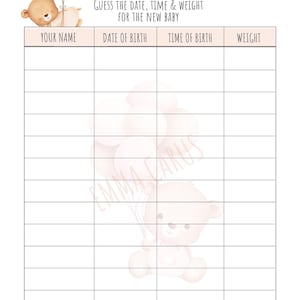 May include: A baby shower game sheet with the text "Baby Predictions" and prompts to guess the date, time, and weight of the new baby. The design features a teddy bear holding balloons in soft pastel colours. The sheet includes spaces for guests to write their name and predictions.