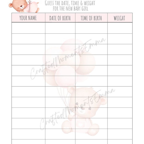 Baby Girl Predictions Chart | Guess Baby Weight, Date of Birth, Time of Birth | Baby Shower Game | Instant Download | A4 size