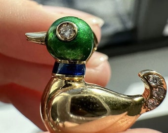 Cartier Vintage 18K Yellow Gold Diamond & Enamel Duck Pin Brooch