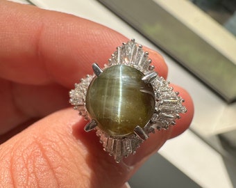 Platinum Natural Cats Eye Chrysoberyl Diamond Ring 10.48tcw