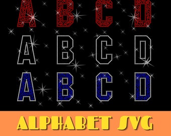May include: Rhinestone alphabet letters A, B, C, and D in red, white, and blue. The letters are outlined in white and have a glittery effect. The text "RHINESTONE 123" and "ALPHABET SVG" is also included in the image.