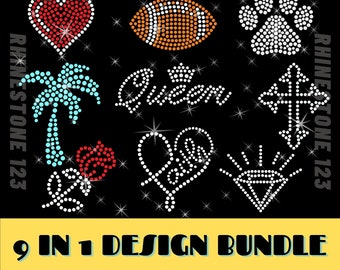 SMALLDESIGN BUNDLE 9 IN 1 Queen svg Red Heart Svg Football Rhinestone Template for Cricut rhinestone template material rhinestone 10ss