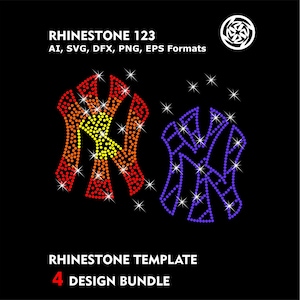 May include: A black background features two rhinestone designs of the letter "NY". One is red to yellow gradient, the other is purple. Text at the top reads "RHINESTONE 123" and "AI, SVG, DFX, PNG, EPS Formats". The bottom text reads "RHINESTONE TEMPLATE 4 DESIGN BUNDLE".