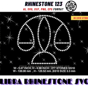 May include: A digital design of the Libra zodiac scale symbol created with white dots on a black background. The text reads RHINESTONE 123, AI, SVG, DXF, PNG, EPS FORMAT, IN SS10 STONE 3.3 MM, W - 139.06 mm, H - 126.52 mm, 277 STONES SS10, LIBRA RHINESTONE SVG.