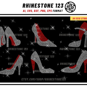 May include: Rhinestone design of four high-heeled shoes with red accents. The design is for use with SS10 size rhinestones, which are 3.3 mm in size.