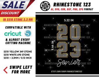 May include: A digital design file featuring the number 2023 in yellow and white rhinestones, with the word Senior in white rhinestones below. The design measures 5.22 inches wide by 9.44 inches high, with SS10 stones measuring 3.3 mm or 0.13 inches.