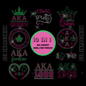 Puede incluir: Un conjunto de 10 plantillas de pedrería para una hermandad AKA. Los diseños incluyen una corona, un corazón, un círculo y las palabras "AKA Queen", "Oh So Pretty", "AKA Forever", "1908" y "Love".