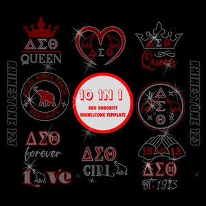 May include: A set of 10 rhinestone templates for sorority designs. The templates feature the letters "ΔΣΘ" in various arrangements, including a crown, a heart, and a circle with an elephant. The text "10 IN 1 AEO SORORITY RHINESTONE TEMPLATE" is also included.