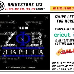 Op de afbeelding: Een digitaal ontwerp voor een strass strijkfolie met de letters "ZPB" voor de sororiteit Zeta Phi Beta. Het ontwerp is in witte en blauwe strasssteentjes met de woorden "Zeta Phi Beta" eronder. Het ontwerp is 10,38 inch breed en 6,10 inch hoog. Het ontwerp is compatibel met Cricut en andere snijmachines. Het ontwerp is verkrijgbaar in maat SS10, dat is 3,3 mm of 0,13 inch.