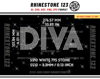 May include: A digital design file featuring the word DIVA spelled out in white rhinestones against a black background. The design includes dimensions of 10.89 inches by 4.01 inches, using SS10 stones measuring 3.3 mm or 0.13 inches in diameter.