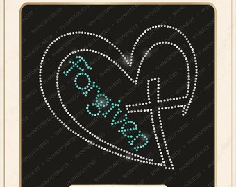 May include: A digital rhinestone template design featuring a double heart outline in white, with the word "Forgiven" in teal script and a white cross symbol inside. The text "DIGITAL DOWNLOAD ONLY" and "SS10 RHINESTONE TEMPLATE" are visible.
