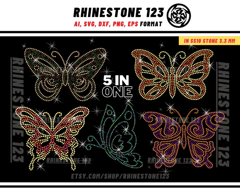 GROUP 3] 5 BUTTERFLIES RHINESTONE Template Bundle Rhinestone Template ...