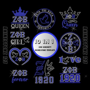 Op de afbeelding: Een digitale download van 10 strass sjablonen voor een sororiteit. De sjablonen bevatten de letters "ZΦΒ" in verschillende ontwerpen, waaronder een kroon, een hart en een duif. De tekst "10 IN 1" en "ZOB SORORITY RHINESTONE TEMPLATE" is ook inbegrepen.
