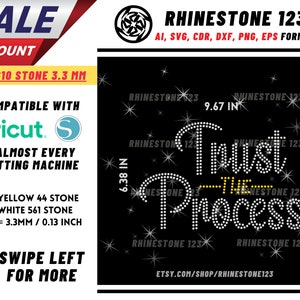May include: A digital design featuring the text "Trust the Process" in white rhinestones on a black background. The design is 9.67 inches wide and 6.38 inches tall. The design is compatible with Cricut and other cutting machines. The design is available in SS10 size rhinestones, which are 3.3 mm in diameter. The design is available in yellow and white rhinestones. The design is available for purchase on Etsy at etsy.com/shop/rhinestone123.