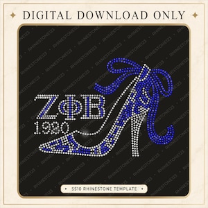 May include: A digital rhinestone template design featuring a high-heeled shoe outlined in blue and white crystals, accompanied by the Greek letters ZΦB and the year 1920 in a matching blue and white crystal font on a black background.