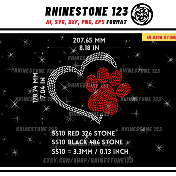 PAW in HEART Rhinestone Template for Cricut rhinestone template material rhinestone 10ss Instant Download File ai svg png cdr dxf eps