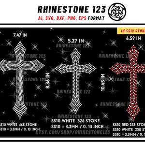 Könnte beinhalten: Drei Strass-Kreuzdesigns, eines weiß, eines weiß in kleinerer Größe und eines rot mit weißen Akzenten. Die Designs sind mit Strasssteinen umrandet und haben ein Sternburst-Muster. Das Bild enthält den Text "RHINESTONE 123" und die Abmessungen jedes Designs in Zoll.