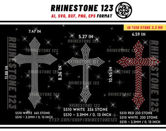 Puede incluir: Tres diseños de cruces de diamantes de imitación, uno blanco, uno blanco de tamaño más pequeño y uno rojo con detalles blancos. Los diseños están bordeados con diamantes de imitación y tienen un patrón de estrella. La imagen incluye el texto "RHINESTONE 123" y las dimensiones de cada diseño en pulgadas.