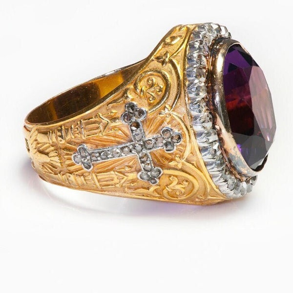 Antique Amethyst And Diamond 18K Gold Ring For Men, 18K Yellow Gold Ring, High Quality Amethyst Ring, Heavy Gold Weight Ring, Ring For Men.