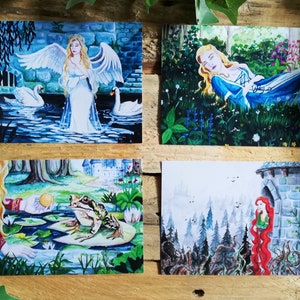 4er-Set Märchenprinzessin Karten| A6 Fine Art Prints | Fantasie Kunst | Märchen| Skurrile Kunst | Schlösser | Gute-Nacht-Geschichte