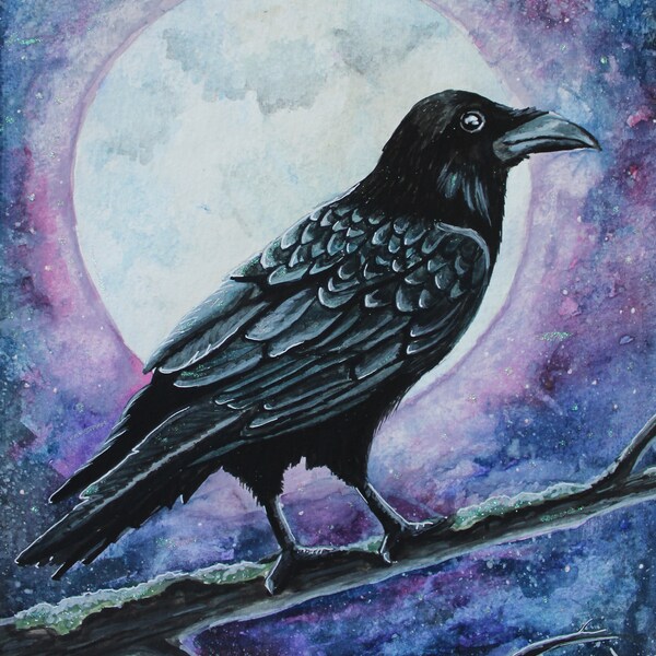 Fantasy Art Print, 8 x 10, Raven Moon, Crow, Mystical Watercolour Print, Gothic Art