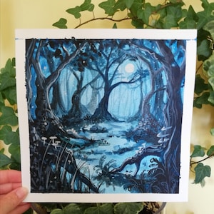 Bosque encantado iluminado por la luna / Impresión artística de 20 x 20 cm / Arte fantástico / Bosque encantado / Arte caprichoso