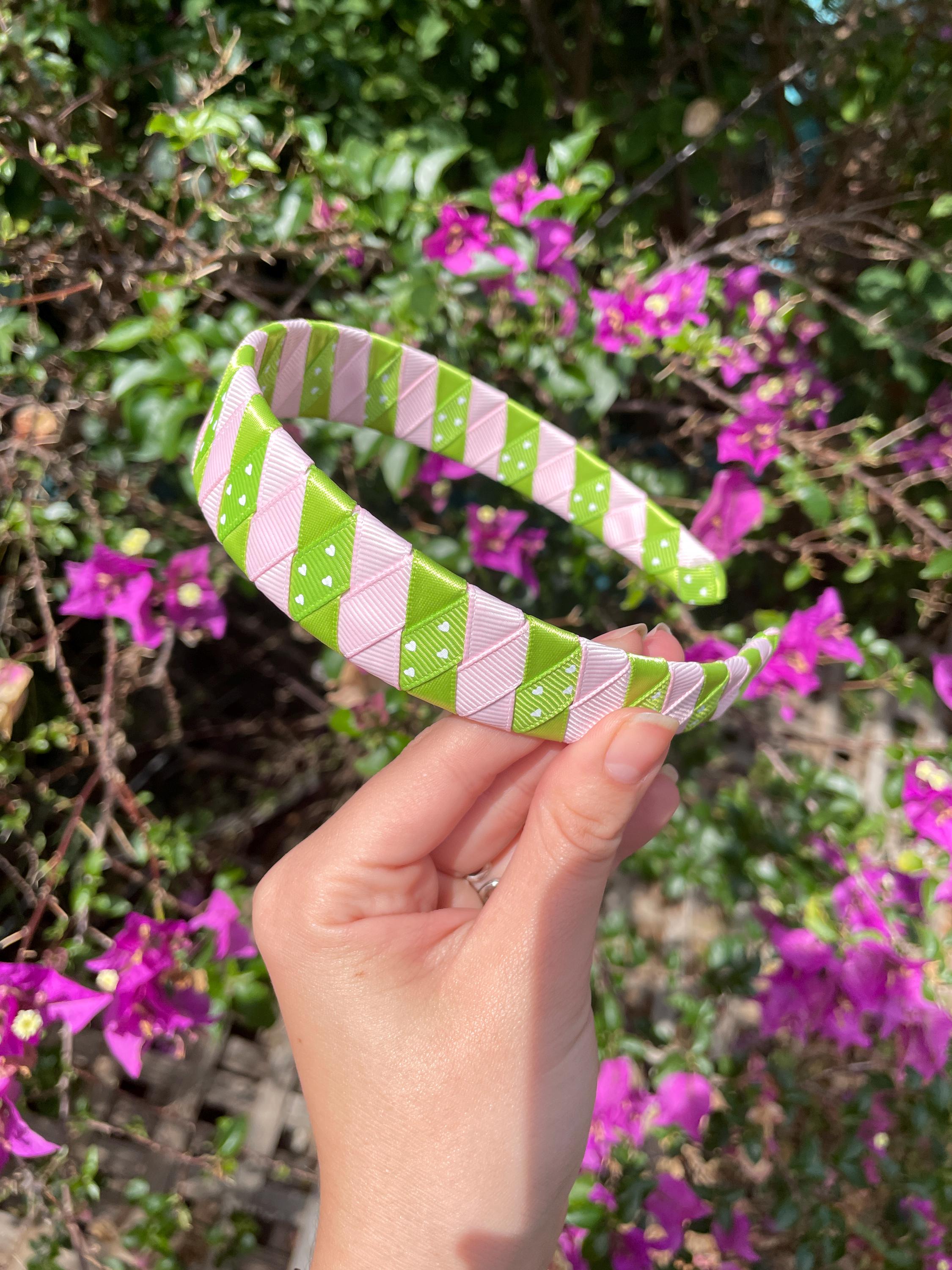 2 handmade headbands white  and  green.  Pink headband is a nice gift. Charlotte Girls Flower Headband – Baby Beau and Belle main image 3