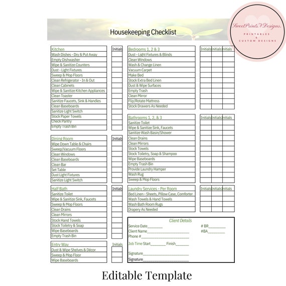 House keeping check list airbnb cleaning checklist etsy