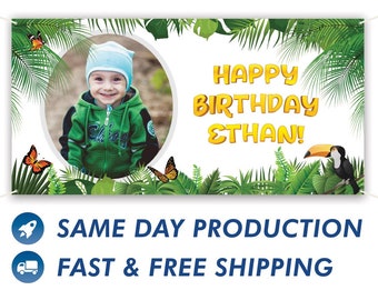 Happy Birthday Custom Vinyl Banner With Photo Jungle Party