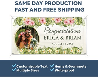 Wedding Congratulations Custom Personalized Banner With Photo Tropical Floral Design