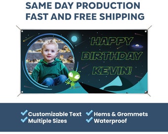 Happy Birthday Alien Outer Space Theme Party Custom Vinyl Banner With Photo